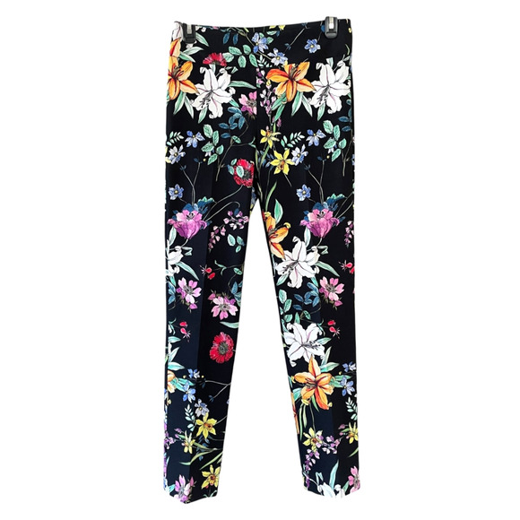 JOSEPH RIBKOFF Size US 6 Black Multicolor Floral Pull-On Stretch Cropped Pants - Picture 2 of 6